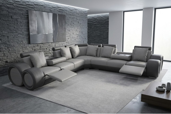 Angolo in pelle Moderna XXL Divano Paesaggio urbano in pelle Divano a L-Forma + USB Divano Nuovo