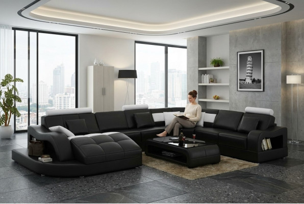 Divano ad angolo design con chaise longue angolo salotto divano paesaggio in pelle a forma di U con USB.