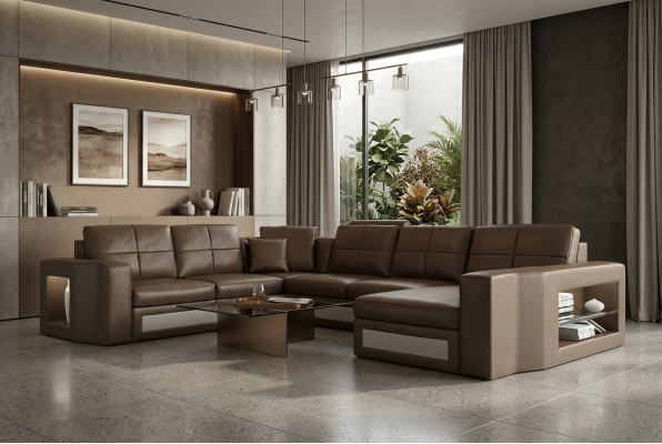 Design divano angolare in pelle con USB e LED.