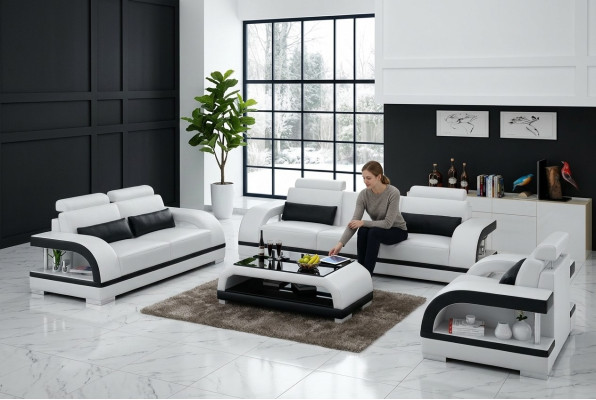 Set di divani in pelle designer 3+2+1 con porta USB, divano, nuovo divano bianco