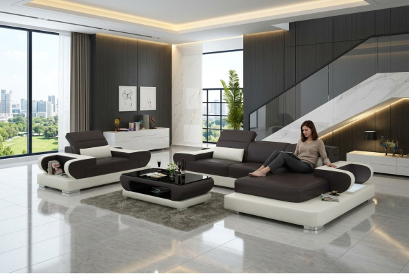 Design XXL Divano angolare con USB Divano in pelle Couch Imbottito Ecke Wohnlandschaft