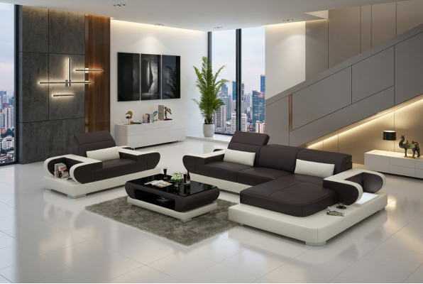 Design XXL Divano angolare con USB Divano in pelle Couch Imbottito Ecke Wohnlandschaft