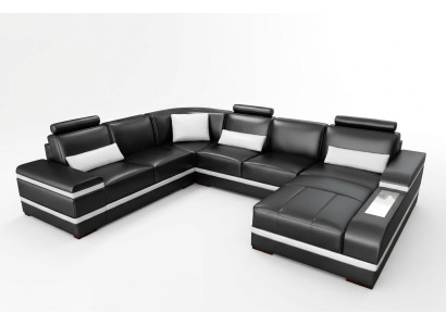 Divano a L in pelle con USB, LED, grande XXL, divano angolare, set di divani a forma di U