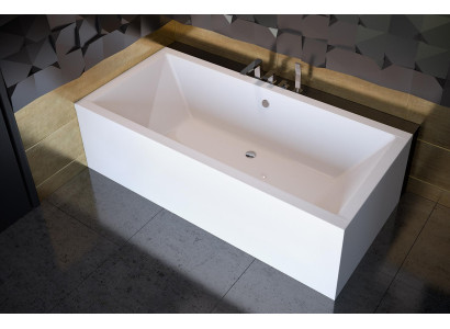 Vasca da bagno angolare rettangolare per angolo bagno. Vasche da bagno bianche arrotondate nuove.