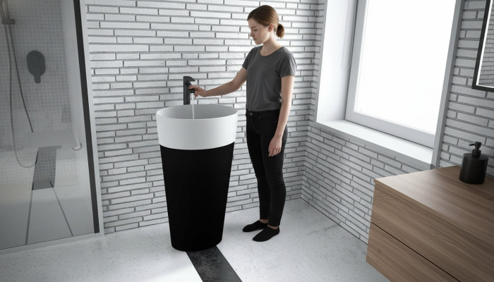 Design lavabo in acrilico con lavabo a colonna autoportante.