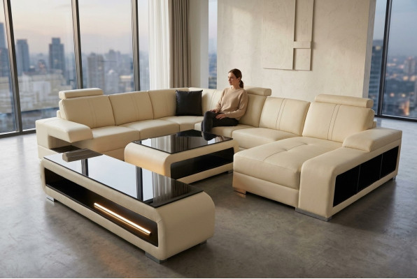 Moderno divano d'angolo, soggiorno con tavolo tavolino, credenza, divano con porta USB, set d'angolo 3 pezzi.