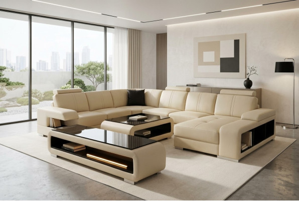 Moderno divano d'angolo, soggiorno con tavolo tavolino, credenza, divano con porta USB, set d'angolo 3 pezzi.
