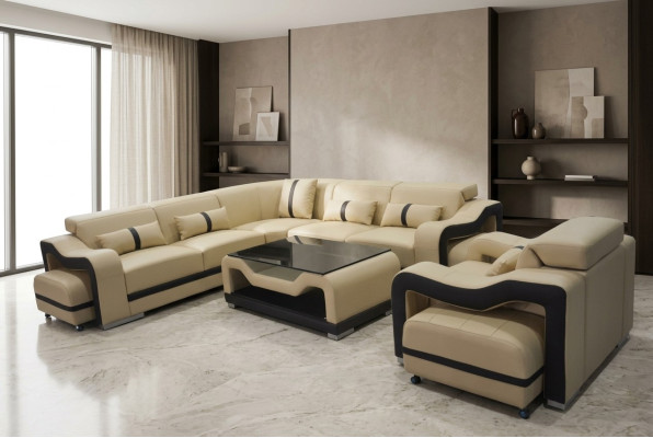 Acquista il moderno divano d'angolo in pelle di lusso a forma di U per il tuo soggiorno.