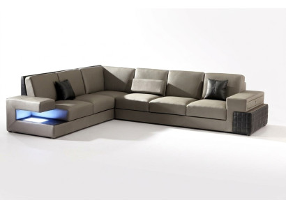 Moderno divano ad angolo con USB, seduta imbottita in pelle, divano design, set da salotto, nuovo.