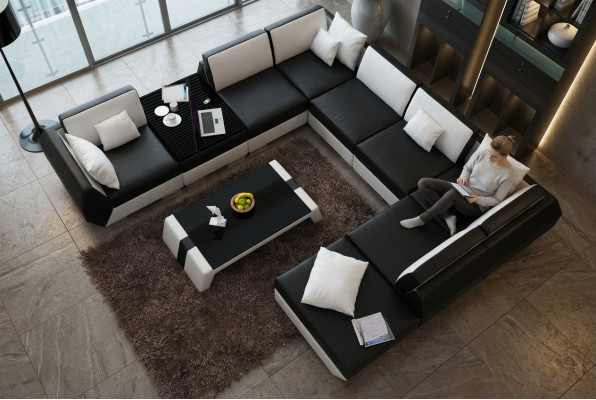 XXL Divano angolare in pelle design con seduta imbottita, divano ad angolo grande + USB