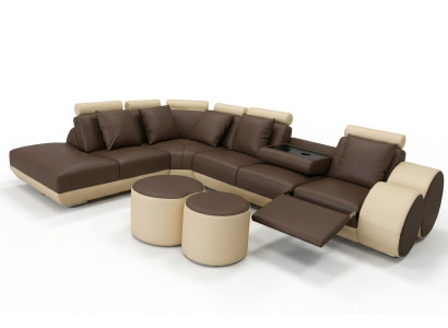 Grande divano ad angolo con USB in pelle, set di paesaggi, imbottitura a forma di L e poggiapiedi.