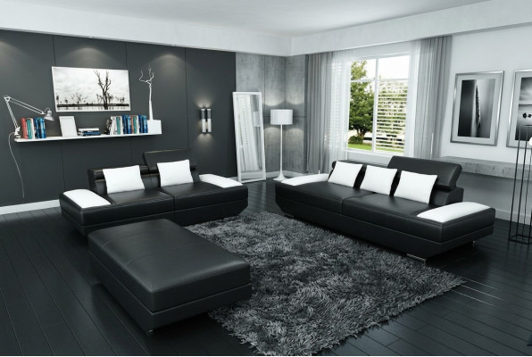 Soggiorno Divano in pelle 3+2 con USB Set di divani imbottiti Pouf Divani -2719A