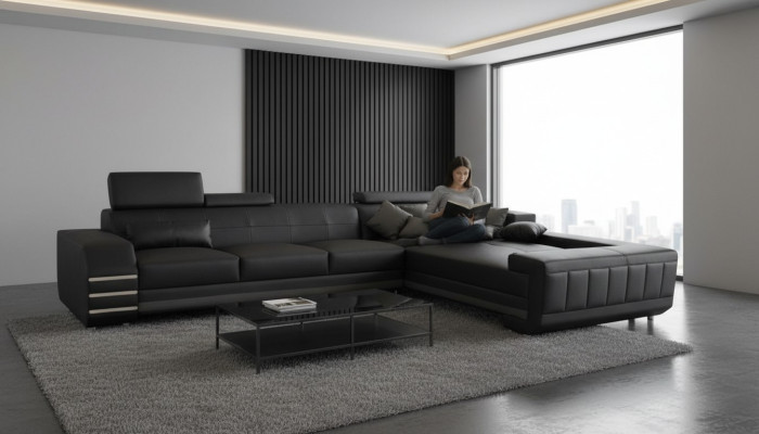 Divano angolare in pelle con seduta imbottita USB, set per l'arredamento del soggiorno, design XXL a forma di L.