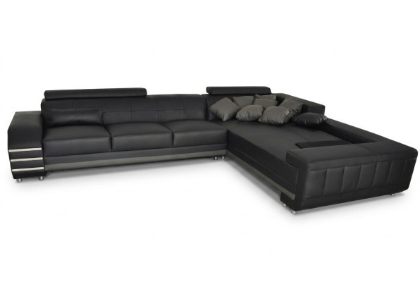 Divano angolare in pelle con seduta imbottita USB, set per l'arredamento del soggiorno, design XXL a forma di L.