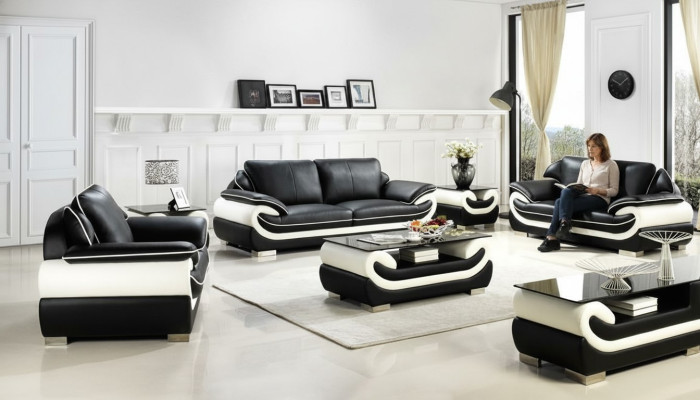 Set divano imbottito in pelle + USB, 3+2+1 posti, composizione divani T777.