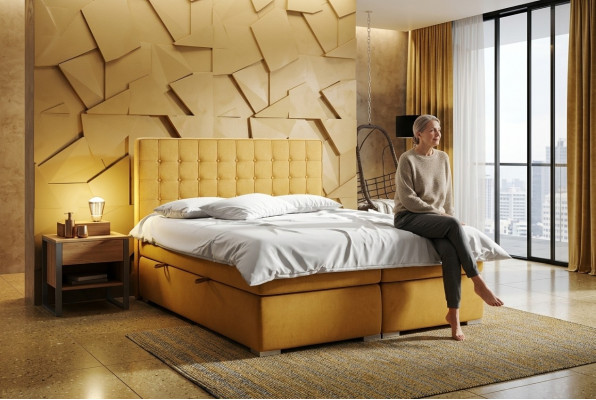 Letto boxspring per hotel a due piazze 160x200 cm con funzione di cassetto imbottito di lusso.