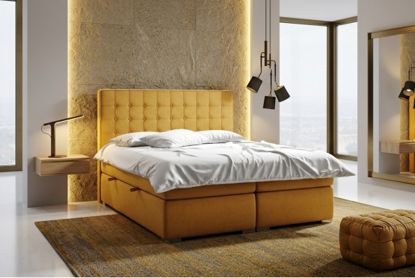 Letto boxspring per hotel a due piazze 160x200 cm con funzione di cassetto imbottito di lusso.