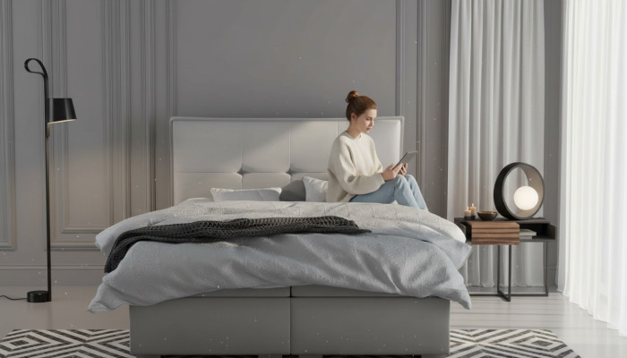 Letto boxspring doppio per hotel in tessuto grigio, letti di lusso con contenitore imbottiti.
