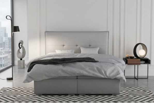 Letto boxspring doppio per hotel in tessuto grigio, letti di lusso con contenitore imbottiti.