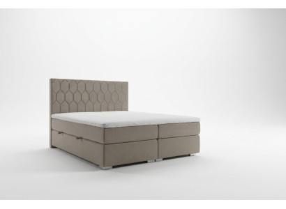 Letto Boxspring per hotel di lusso in tessuto beige doppio 180x200 con funzione di contenitore e imbottitura.