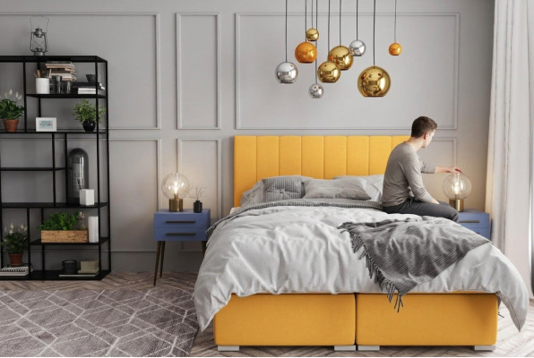 Set completo di letti matrimoniali boxspring per hotel con materasso e topper con funzione letto.