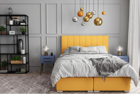 Set completo di letti matrimoniali boxspring per hotel con materasso e topper con funzione letto.
