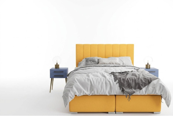 Set completo di letti matrimoniali boxspring per hotel con materasso e topper con funzione letto.