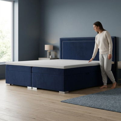 Letto a molle matrimoniale dell'hotel design di lusso con funzione di cassetto imbottito blu nuovo.