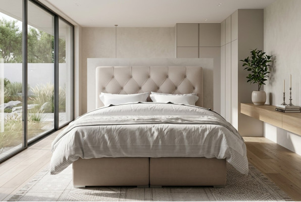 Letto boxspring doppio in pelle di lusso con funzione contenitore, nuovo.