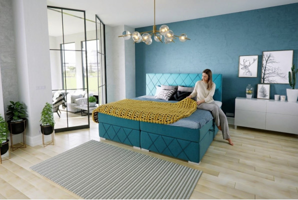 Letto boxspring doppio in tessuto di lusso per hotel con contenitore per biancheria da letto e funzione imbottita.