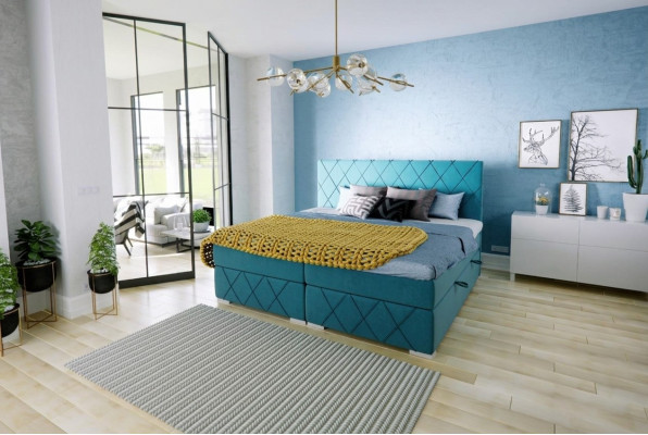 Letto boxspring doppio in tessuto di lusso per hotel con contenitore per biancheria da letto e funzione imbottita.