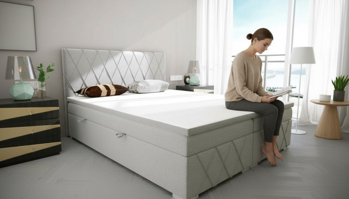 Letto a molle matrimoniale per hotel in tessuto di lusso con cassetto per biancheria da letto e funzione di imbottitura.