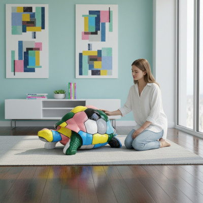 Astratta figura del designer per il soggiorno. Statua moderna di una tartaruga dipinta in modo vivace, altezza 109cm.   Abstracte designerfigur für das Wohnzimmer. Moderne Schildkrötenstatue, lebhaft bemalt, Höhe 109 cm.