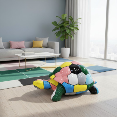 Astratta figura del designer per il soggiorno. Statua moderna di una tartaruga dipinta in modo vivace, altezza 109cm.   Abstracte designerfigur für das Wohnzimmer. Moderne Schildkrötenstatue, lebhaft bemalt, Höhe 109 cm.