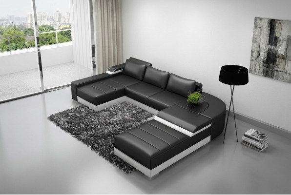 Divano ad angolo con USB in pelle imbottita, salotto, relax, Bellenberg.