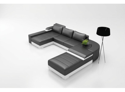 Divano ad angolo con USB in pelle imbottita, salotto, relax, Bellenberg.