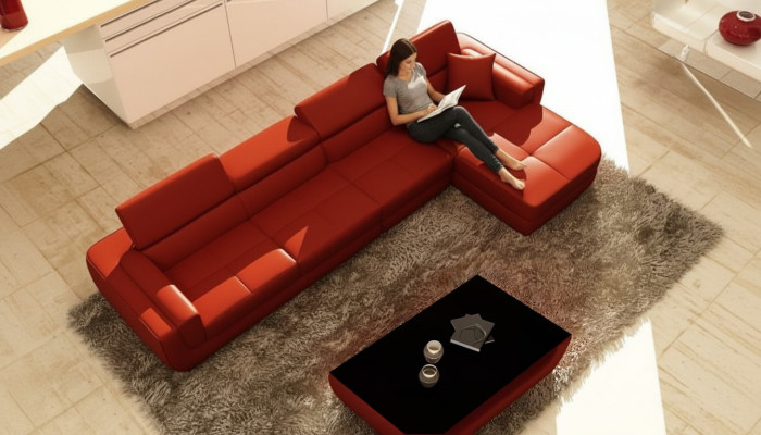 Divano ad angolo in pelle + USB, divano a L Tettau rosso