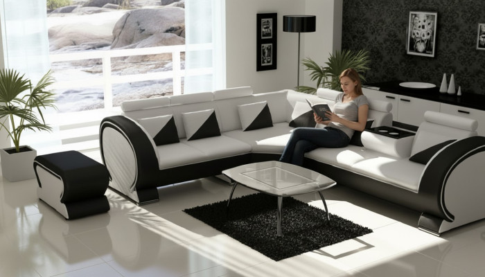 Divano ad angolo design con USB, set di imbottiti per soggiorno.