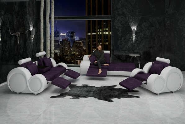 Set da divano in pelle e tessuto + USB, Set da divano 3 posti + chaise longue + 1 divano ad angolo.
