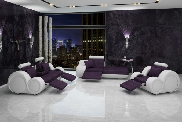 Set da divano in pelle e tessuto + USB, Set da divano 3 posti + chaise longue + 1 divano ad angolo.