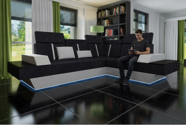 Design divano angolare con USB in tessuto, pelle su misura.
