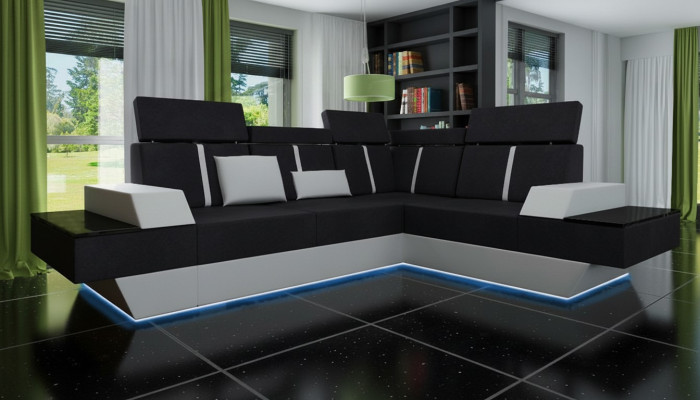 Design divano angolare con USB in tessuto, pelle su misura.