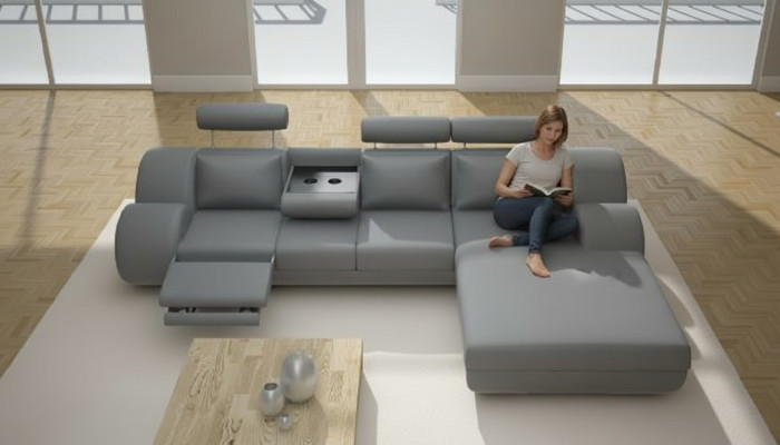 Set da salotto di design Divano angolare da soggiorno Divano USB divano in pelle trapuntata grigio