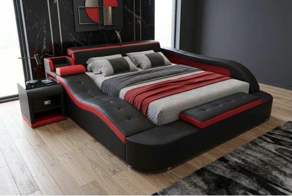 Letto matrimoniale di lusso doppio in pelle + letto imbottito con USB - Letti moderni multifunzionali per hotel.