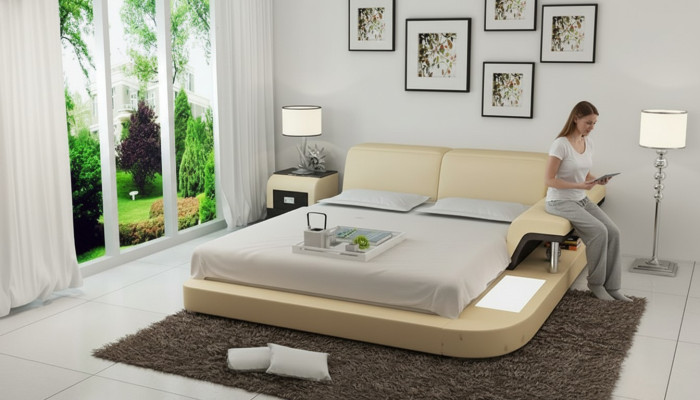 Letto design XXL, letti grandi in pelle per hotel con imbottitura 180x200, regalo multifunzione USB.