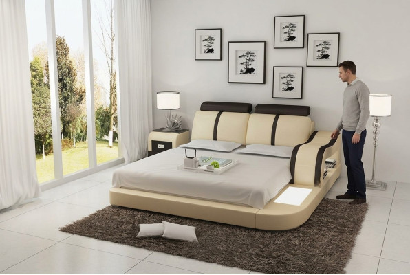 Letto design XXL, letti king size in pelle per hotel imbottiti 180x200 con funzione multifunzionale, mensola e USB.