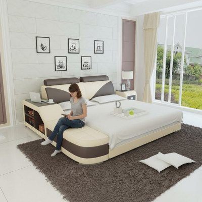 Design Letto Imbottito Matrimoniale Moderno 140x200cm + USB & Scaffale