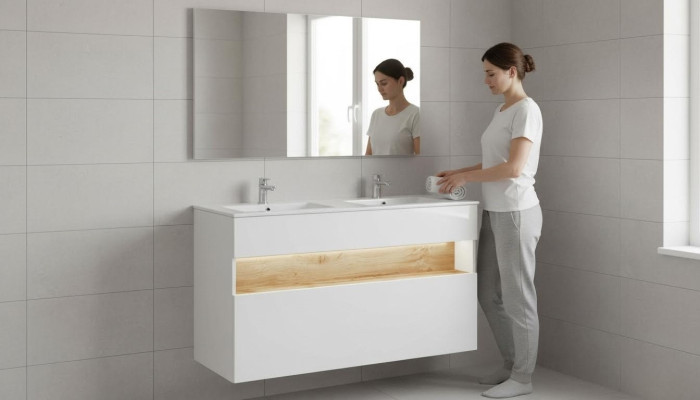 Doppio mobile con doppio lavabo e lavandino.