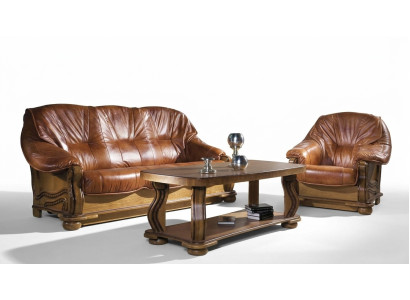 Classico set di divani imbottiti 3+2 posti in pelle con struttura in legno.