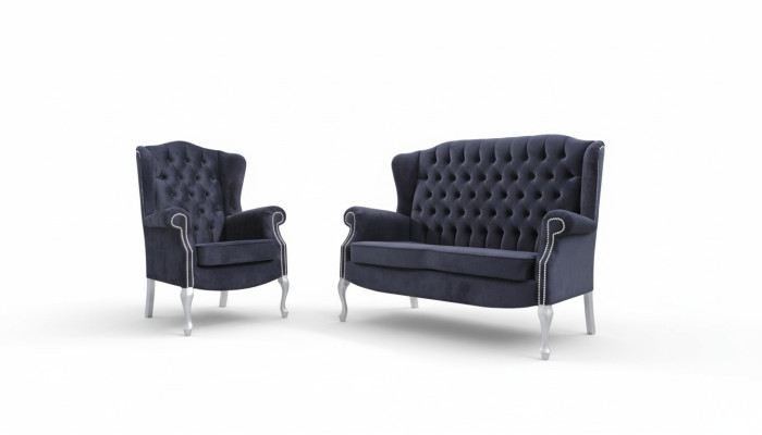 Classica composizione di divani Chesterfield 3+2 posti in velluto tessile.